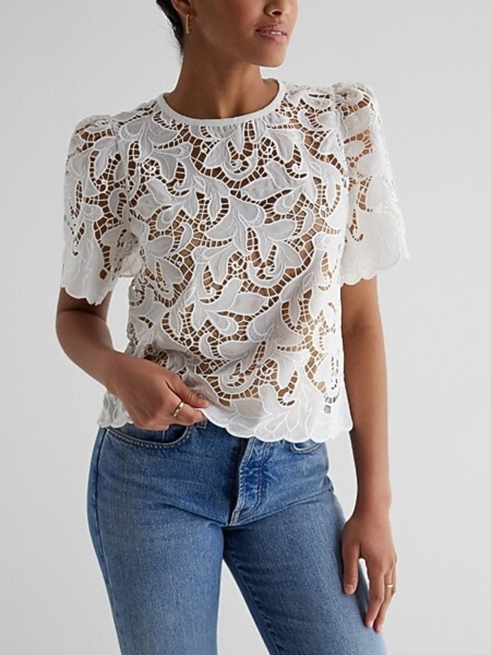 EXPRESS Embroidered Crochet Puff Sleeve Top, White, size Medium